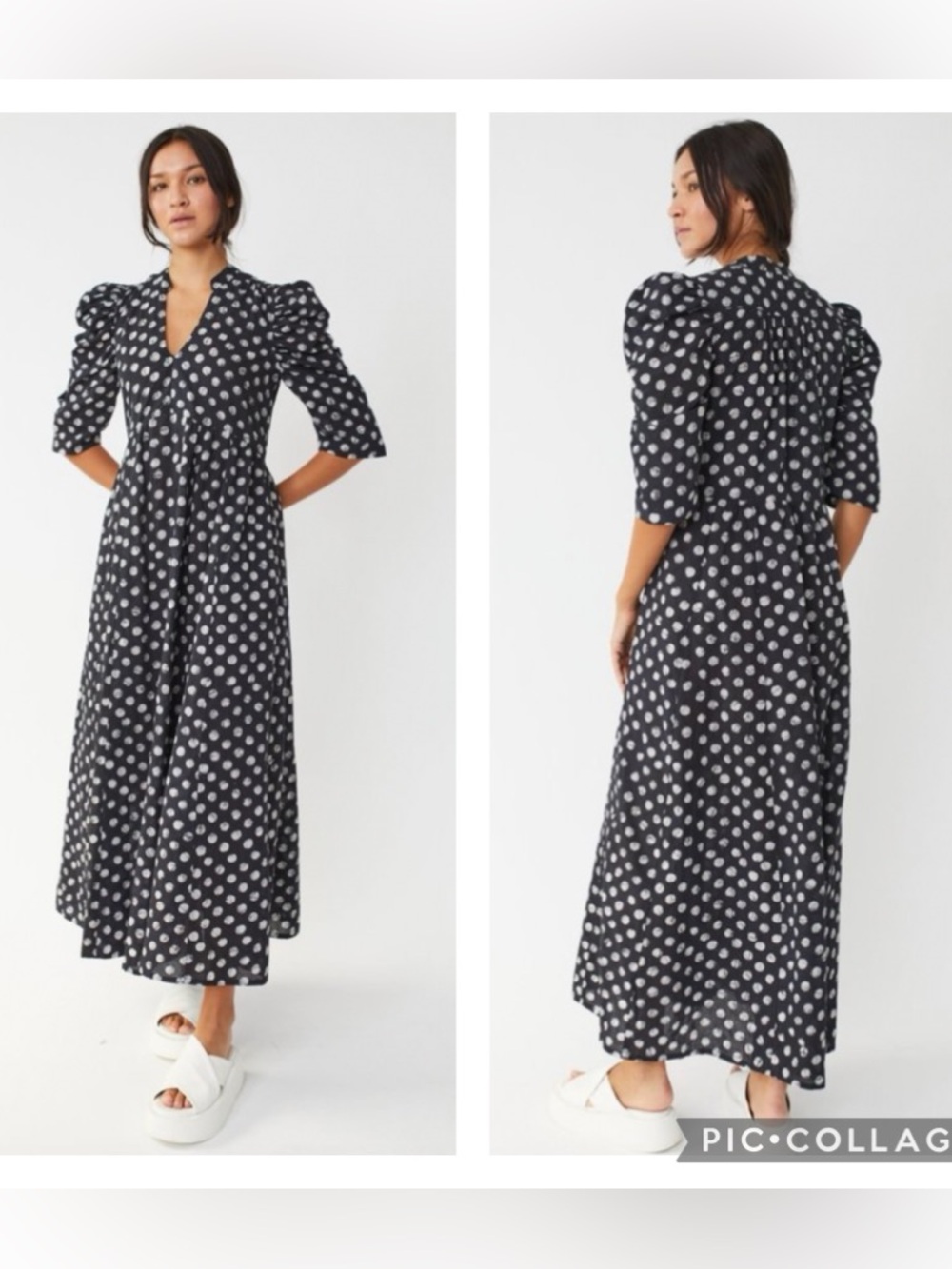 EUC Matta NYC Vayu Ambu Puff Shoulder  Cotton Batik Polka Dot Maxi Dress